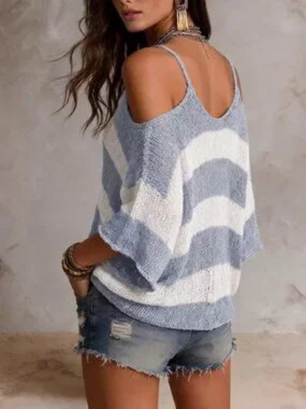 Baby Blue Casual Oversized Pointelle Colorblock Batwing V Neck Pullover Sweater